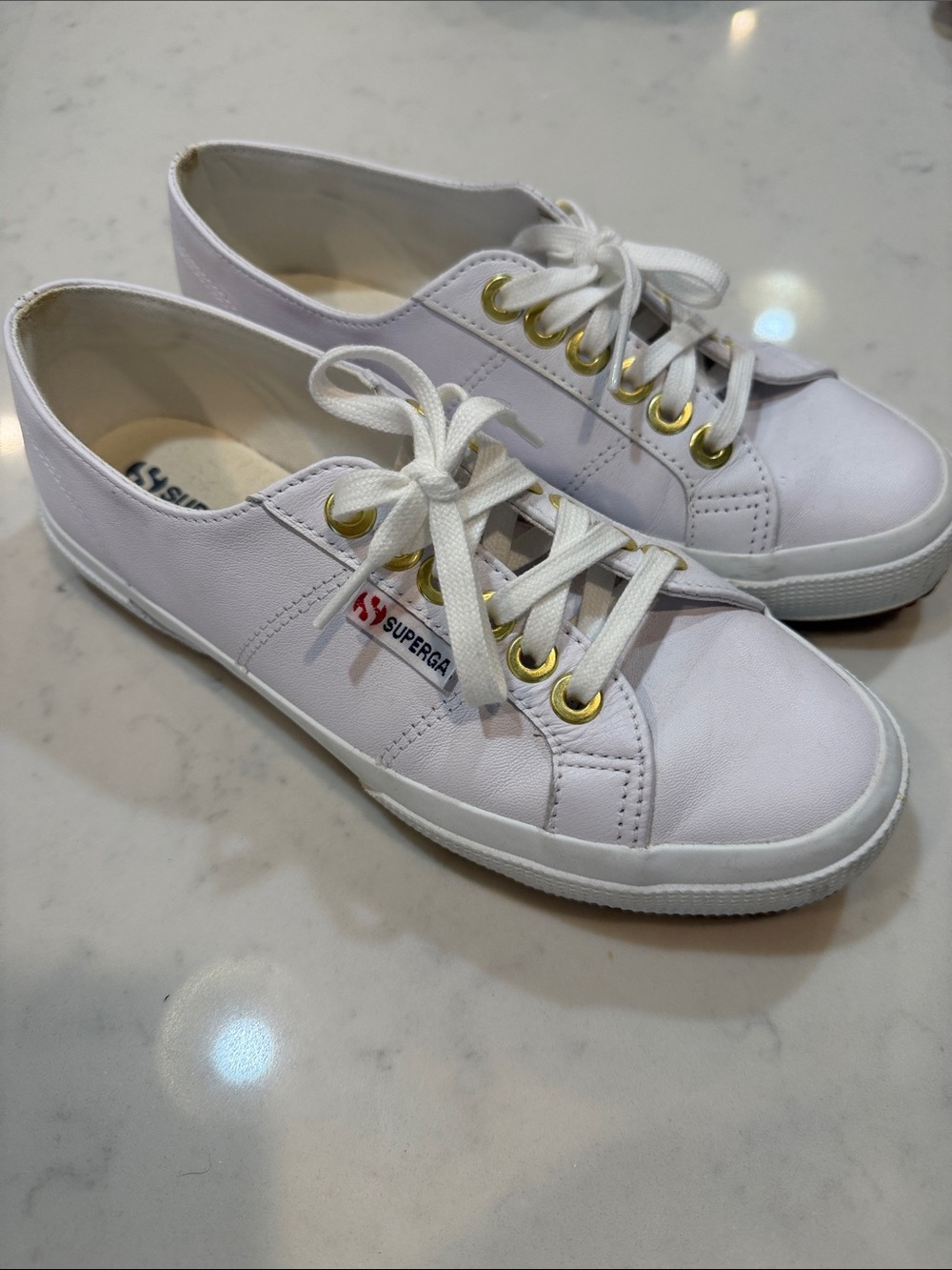Superga White Leather Sneakers with Gold Eyelets